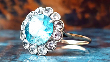 ANTIQUE 14ct Blue Zircon and White Sapphire Flower ring, Fine Antique Jewelry